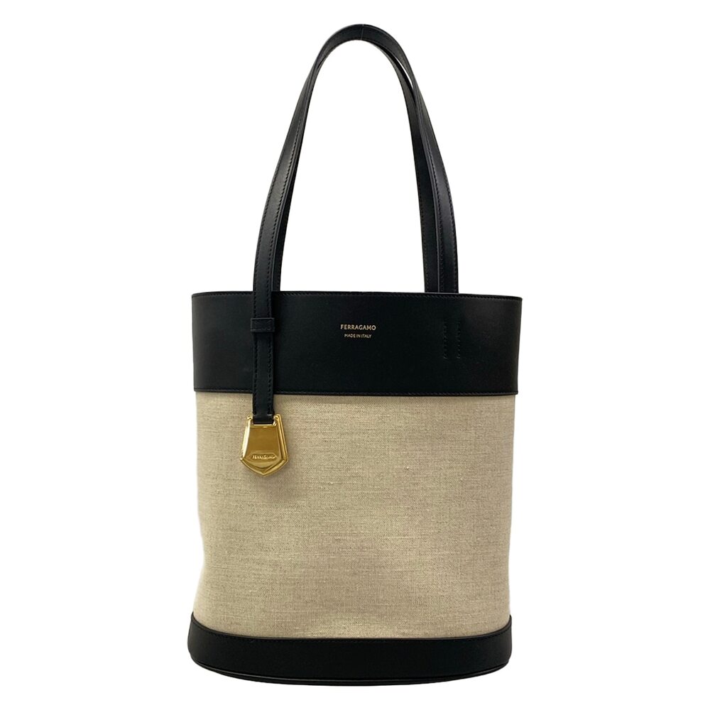 Salvatore Ferragamo Charming Tote Bag 217533 Black Beige Leather Hemp Cotton